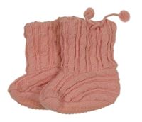Růžové vzorované pletené zateplené válenky s bambulkami vel. 27