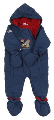 Tmavomodrá šusťáková zimní kombinéza s Mickey a kapucí + rukavice a capáčky Disney