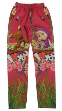 Tmavorůžovo-zelené teplákové legíny s obrázkem - Máša a medvěd 