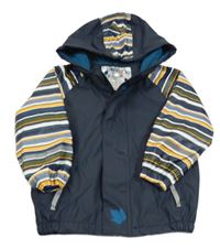 Tmavomodro-pruhovaná nepromokavá jarní bunda s javorovými listy a kapucí lupilu