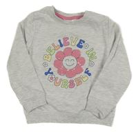 Světlešedá melírovaná mikina s květem/smajlíkem s flitry a nápisy so cute