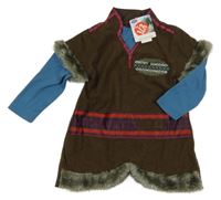 Nové - tmavohnědo-modré šaty s nápisy a vzorem a kožešinou - Frozen Tu