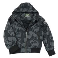 Tmavošedo-černý army šusťákový jarní bomber s nášivkou a kapucí C&A