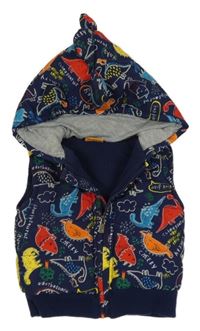Tmavomodrá prošívaná šusťáková zateplená vesta s dinosaury a kapucí s ostny Cheeky Chimp