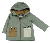 Zelenošedá nepromokavá jarní bunda s kapsami se zvířaty a kapucí George
