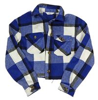 Modro-bílo-černá kostkovaná crop košilová bunda H&M