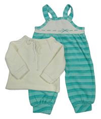 2set - Tyrkysovo-bílé žebrované sametové laclové tepláky s mašlí + smetanové sametové triko