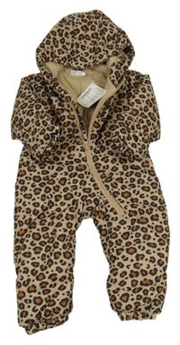 Nové - Písková šusťáková zimní kombinéza s leopardím vzorem a kapucí Ergee