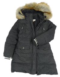 Tmavošedá melírovaná šusťáková zimní parka s kapucí s kožešinou Tape A L'oeil