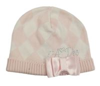 Světlerůžovo-bílá károvaná čepice s kamínky a mašlí