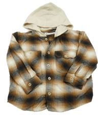 Hnědo-černo-smetanová kostkovaná flanelová košile s kapucí Zara