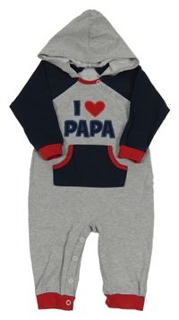 Šedo-tmavomodrá tepláková kombinéza s nápisem a kapucí 