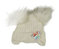 Bílá vlněná podšitá čepice s Minnie a bambulemi 