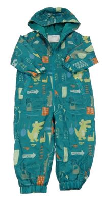 Zelená šusťáková jarní kombinéza s dinosaury a kapucí Nutmeg