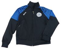 Černo-modrá sportovní propínací mikina s puntíkatými rukávy a nápisem 