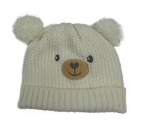 Bílá pletená čepice s čumákem a bambulemi 