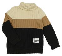 Smetanovo-béžovo-černý žebrovaný úpletový rolák 