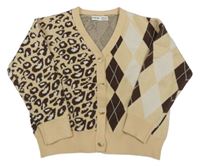 Béžovo-hnědo-bílý propínací károvaný svetr s leopardím vzorem Shein