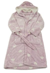 Lila-bílý plyšový župan se srdíčky a kapucí 
