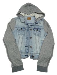 Světlemodro-šedá riflovo/tepláková crop bunda s kapucí American Eagle