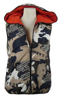 Dámská béžovo-tmavomodrá army/červená šusťáková zateplená vesta s kapucí 