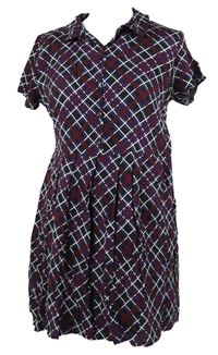 Dámské černo-vínovo-modré kostkované košilové šaty 