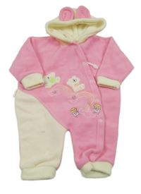 Růžovo-smetanová fleecová kombinéza s medvědy a kapucí