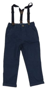 Tmavomodré kostkované plátěné chino kalhoty s kšandami Next