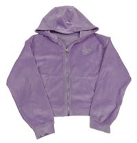 Fialová sametová propínací crop mikina se srdíčkem a kapucí Nutmeg