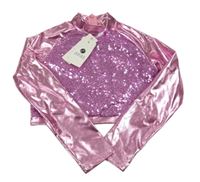 Nové - růžové lesklé crop triko s flitry 