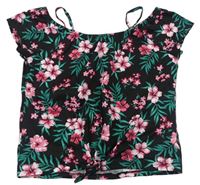 Černo-zeleno-růžové květované crop tričko C&A