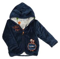 Tmavomodrá sametová propínací zateplená mikina s příšerkou a kapucí 