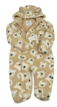 Nové - Béžová huňatá podšitá kombinéza s medvědy a kapucí F&F