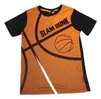 Černo-neonově oranžové sportovní tričko s nápisem a míčem 