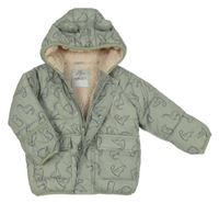 Světlezelená šusťáková zimní bunda s dinosaury a kapucí George