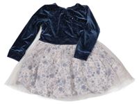 Tmavopetrolejovo-smetanové sametovo/tylovo/plátěné šaty s flitry a kytičkami Mothercare