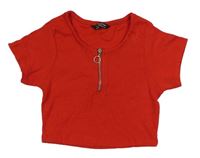 Červené žebrované crop tričko se zipem Select