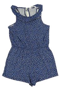 Tmavomodrý kraťasový overal s kytičkami a volánky zn. H&M