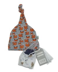 Nové - 2set - Šedá bavlněná čepice s liškami + bílo-modré rukavice s medvídky 