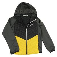 Černo-žluto-tmavošedá prošívaní šusťákovo/softshellová outdoorová zateplená bunda s kapucí zn. REGATTA