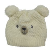 Smetanová pletená podšitá čepice s medvídkem a bambulemi C&A