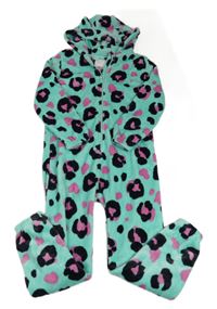 Světletyrkysovo-černo-růžová vzorovaná plyšová kombinéza s kapucí Next