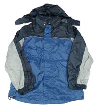 Modro-tmavomodro-šedá šusťáková jarní bunda s ukrývací kapucí