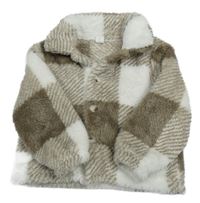 Hnědo-bílá kostkovaná chlupatá bunda s límečkem SHEIN