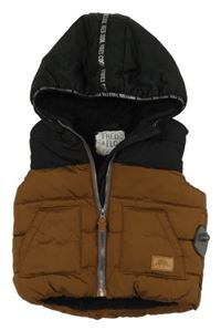 Tmavohnědo-černá prošívaná šusťáková zateplená vesta s dinosaurem a kapucí F&F