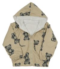 Béžová manšestrová jarní bunda s medvídky a kapucí SHEIN