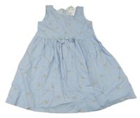 Nové - modro-bílé pruhované plátěné šaty s kopretinami a mašlí H&M