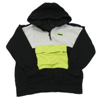 Černo-světlešedá/melírovaná mikina s nášivkou a kapsou a kapucí