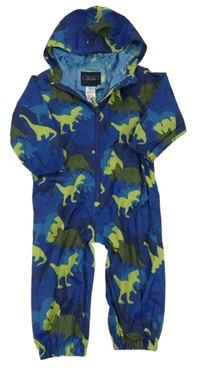 Safírovo-tmavomodrá šusťáková nepromokavá kombinéza s dinosaury a kapucí Next