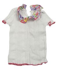 Bílé žebrované tričko s květovaným límečkem Matalan
